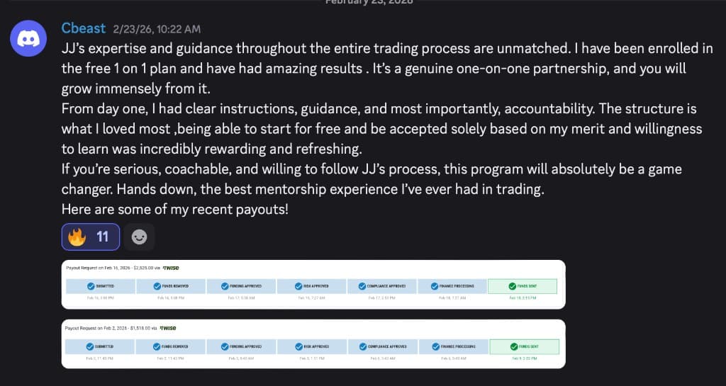 Cbeast's review and payout screenshots — 1-on-1 mentorship testimonial